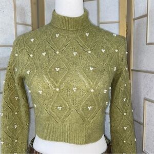 Zara Sage Green Pearl-Studded Turtleneck Sweater